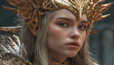 1girl,solo,long hair,white hair,grey hair,parted lips,armor,blurry,black eyes,lips,looking to the side,grey eyes,eyelashes,blurry background,looking away,helmet,feathers,portrait,close-up,freckles,realistic,nose,valkyrie,looking at viewer,brown eyes,shoulder armor