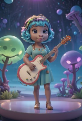 1girl,solo,smile,short hair,blue eyes,dress,holding,blue hair,standing,full body,short sleeves,hairband,shoes,dark skin,dark-skinned female,tree,aqua hair,makeup,blue dress,watermark,brown footwear,sandals,instrument,child,nature,forest,curly hair,music,guitar,female child,mushroom,playing instrument,holding instrument,aqua dress,breasts,looking at viewer,closed mouth,collarbone,pantyhose,artist name,water,blurry,flat chest,lips,blurry background,sunlight,plant,web address,backlighting,bubble,green dress,light rays,underwater,very dark skin,spotlight