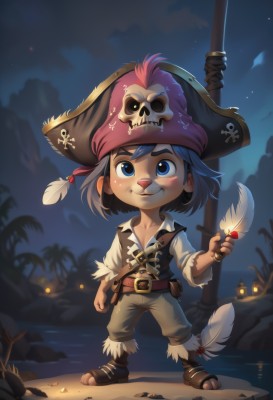 solo,looking at viewer,blush,smile,short hair,blue eyes,shirt,long sleeves,1boy,hat,holding,jewelry,closed mouth,blue hair,standing,full body,white shirt,weapon,male focus,boots,outdoors,sky,belt,pants,sword,artist name,water,chibi,vest,tree,night,ocean,brown footwear,thick eyebrows,feathers,gem,star (sky),night sky,buckle,skull,rock,belt buckle,palm tree,brown belt,hat feather,brown pants,brown vest,pirate hat,pirate,leather belt,teeth,watermark,web address,furry,starry sky,furry male