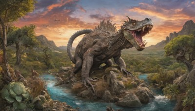 open mouth,tail,yellow eyes,outdoors,sky,teeth,cloud,water,tree,no humans,bird,cloudy sky,sharp teeth,nature,scenery,claws,forest,sunset,monster,rock,mountain,dragon,scales,river,dinosaur,animal