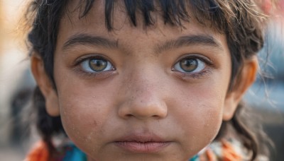 1girl,solo,looking at viewer,brown hair,black hair,brown eyes,closed mouth,parted lips,blurry,lips,eyelashes,depth of field,blurry background,child,portrait,close-up,freckles,realistic,nose,female child,short hair,bangs,eye focus