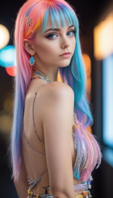 1girl,solo,long hair,breasts,looking at viewer,bangs,blue eyes,hair ornament,dress,bare shoulders,jewelry,medium breasts,closed mouth,blue hair,upper body,pink hair,multicolored hair,earrings,looking back,blunt bangs,necklace,blurry,from side,two-tone hair,lips,looking to the side,eyelashes,sideboob,gradient hair,makeup,depth of field,blurry background,gem,eyeshadow,realistic,nose,artist name,mole,bracelet,watermark,web address,hair behind ear,mole on cheek