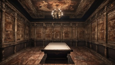 solo,sitting,indoors,dutch angle,no humans,chair,table,scenery,stairs,candle,sepia,pillar,ceiling,brown theme,carpet,candlestand,chandelier,wooden floor,light