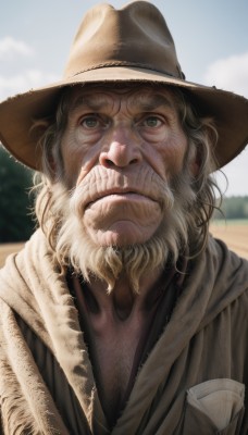 solo,looking at viewer,1boy,hat,closed mouth,green eyes,jacket,upper body,white hair,male focus,outdoors,sky,day,blurry,blurry background,facial hair,portrait,beard,pocket,realistic,mustache,brown headwear,manly,old,old man,cowboy hat,grey hair,scarf,blue sky