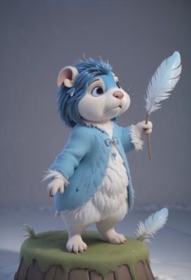 solo,blue eyes,long sleeves,holding,animal ears,brown eyes,closed mouth,blue hair,standing,full body,artist name,no humans,grass,feathers,furry,freckles,furry female,furry male,mouse,whiskers,stick,cattail,short hair,1boy,male focus,snout