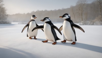 standing,closed eyes,outdoors,day,looking at another,black eyes,tree,no humans,shadow,bird,animal,nature,snow,animal focus,winter,bare tree,penguin,flock,sky,scenery,walking