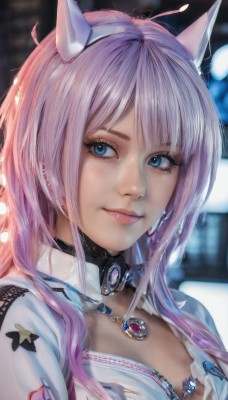 1girl,solo,long hair,breasts,looking at viewer,smile,bangs,blue eyes,animal ears,cleavage,jewelry,medium breasts,closed mouth,upper body,pink hair,hairband,horns,choker,necklace,blurry,lips,eyelashes,makeup,blurry background,fake animal ears,brooch,gem,portrait,realistic,nose,blue gemstone,purple hair,artist name,light purple hair,pendant