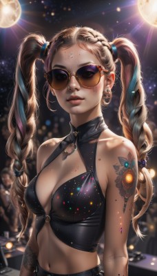 1girl,solo,long hair,breasts,looking at viewer,smile,blonde hair,hair ornament,navel,cleavage,bare shoulders,twintails,jewelry,medium breasts,collarbone,upper body,braid,multicolored hair,earrings,small breasts,parted lips,glasses,sleeveless,midriff,pants,artist name,necklace,mole,blurry,twin braids,two-tone hair,lips,streaked hair,crop top,clothing cutout,eyelashes,tattoo,makeup,night,depth of field,blurry background,halterneck,watermark,facial mark,piercing,cleavage cutout,sunglasses,thick eyebrows,lipstick,web address,eyewear on head,forehead,lens flare,eyeshadow,backlighting,freckles,hoop earrings,forehead mark,realistic,nose,hair tie,round eyewear,arms at sides,red lips,arm tattoo,shoulder tattoo,tinted eyewear,bokeh,mascara,blue eyes,closed mouth,blue hair,blood,moon,navel piercing