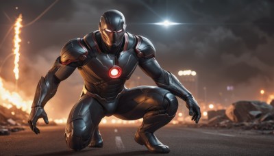 solo,1boy,full body,male focus,outdoors,armor,blurry,bodysuit,glowing,squatting,helmet,smoke,one knee,explosion,superhero,power armor,gloves,military,mask,glowing eyes,lens flare,science fiction,realistic