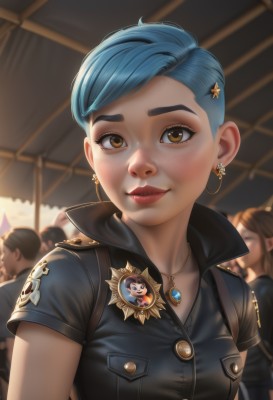 breasts,looking at viewer,smile,short hair,multiple girls,brown hair,shirt,hair ornament,2girls,brown eyes,jewelry,medium breasts,closed mouth,blue hair,upper body,short sleeves,earrings,solo focus,hairclip,artist name,3girls,necklace,star (symbol),blurry,uniform,lips,black shirt,eyelashes,makeup,buttons,depth of field,blurry background,swept bangs,thick eyebrows,web address,pendant,freckles,realistic,nose,emblem,very short hair,badge,mascara,1girl,bangs,parted lips,gem,asymmetrical hair,police,police uniform,button badge,medal