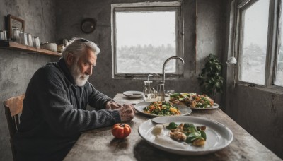 solo,short hair,long sleeves,1boy,sitting,closed mouth,jacket,white hair,grey hair,male focus,food,indoors,cup,black jacket,window,fruit,facial hair,scar,chair,table,knife,plant,beard,plate,drinking glass,realistic,mustache,fork,apple,wine glass,old,old man,tomato,wrinkled skin,glass,lamp,bread