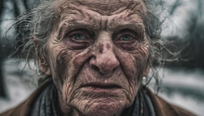 solo,looking at viewer,blue eyes,1boy,closed mouth,white hair,grey hair,male focus,blurry,grey eyes,blurry background,facial hair,portrait,beard,realistic,manly,old,old man,old woman,wrinkled skin,jewelry,green eyes,earrings,depth of field,scar,messy hair,scar on face,close-up,veins,serious