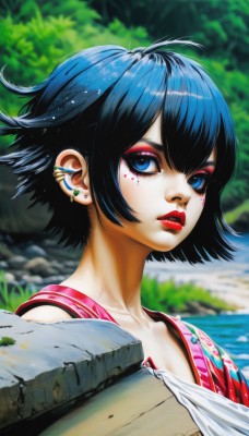 1girl,solo,looking at viewer,short hair,bangs,blue eyes,black hair,jewelry,closed mouth,blue hair,collarbone,upper body,earrings,outdoors,day,artist name,water,blurry,tree,lips,eyelashes,makeup,depth of field,blurry background,piercing,lipstick,ear piercing,portrait,eyeshadow,nose,red lips,stud earrings,eyeliner,mascara,shirt,parted lips,from side,facial mark,wind,facepaint