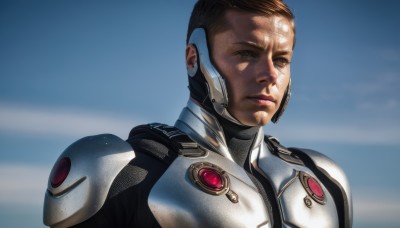 solo,looking at viewer,short hair,brown hair,1boy,brown eyes,upper body,male focus,sky,day,dark skin,armor,blue sky,lips,portrait,science fiction,realistic,nose,pilot suit,cyborg,power armor,closed mouth,bodysuit,spacesuit