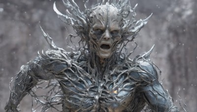 solo,looking at viewer,open mouth,blue eyes,1boy,upper body,male focus,horns,teeth,armor,blurry,tree,blurry background,snow,white eyes,grey skin,bare tree,no humans,glowing,spikes,monster,realistic,alien,grey theme