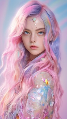 1girl,solo,long hair,looking at viewer,blue eyes,closed mouth,upper body,pink hair,flower,multicolored hair,artist name,lips,grey eyes,eyelashes,tattoo,makeup,wavy hair,gem,eyeshadow,freckles,realistic,nose,gradient hair,facial mark,expressionless