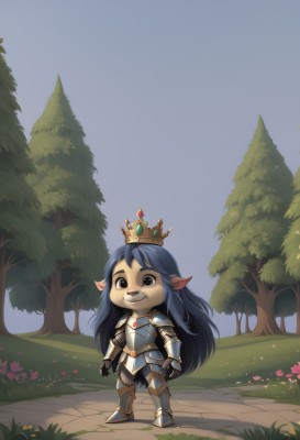 1girl,solo,long hair,looking at viewer,smile,black hair,animal ears,brown eyes,very long hair,closed mouth,blue hair,standing,flower,outdoors,sky,pointy ears,armor,tree,grass,crown,shoulder armor,gauntlets,nature,furry,breastplate,armored boots,yordle,bangs,full body,boots,teeth,day,artist name,black eyes,watermark,freckles,furry female,bush,path,plate armor