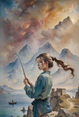 1girl,solo,long hair,looking at viewer,brown hair,long sleeves,holding,brown eyes,standing,ponytail,outdoors,sky,day,looking back,cloud,water,from behind,lips,sash,cloudy sky,wind,scenery,rock,mountain,watercraft,river,ship,boat,mountainous horizon,fishing rod,fishing,holding fishing rod,from side,profile,ocean,fire,smoke,sunset,realistic,painting (medium)