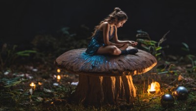 1girl,solo,long hair,breasts,brown hair,black hair,dress,bare shoulders,sitting,closed mouth,closed eyes,ponytail,boots,outdoors,sleeveless,socks,blurry,from side,tree,bare arms,profile,night,sleeveless dress,depth of field,blue dress,glowing,grass,plant,nature,scenery,blue footwear,minigirl,indian style,mushroom,wide shot,tree stump,log,blurry background,looking down,bug,butterfly,realistic