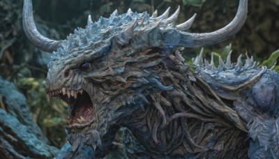 solo,open mouth,blue eyes,outdoors,horns,teeth,blurry,from side,no humans,blurry background,fangs,sharp teeth,nature,spikes,forest,monster,dragon,scales,dinosaur,green eyes,fantasy