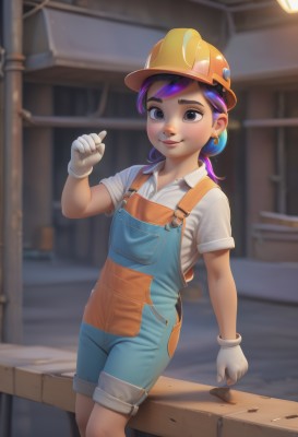 1girl,solo,looking at viewer,smile,shirt,gloves,hat,brown eyes,jewelry,closed mouth,standing,white shirt,purple hair,short sleeves,multicolored hair,earrings,collared shirt,white gloves,blurry,lips,blurry background,child,female child,overalls,yellow headwear,overall shorts,long hair,blush,ponytail,outdoors,artist name,hand up,thick eyebrows,helmet,clenched hand,web address,low ponytail,freckles,stud earrings,blue overalls,hardhat