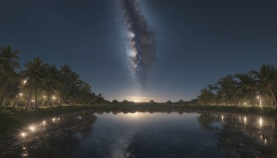 outdoors,sky,cloud,signature,water,tree,no humans,night,ocean,star (sky),night sky,scenery,smoke,starry sky,reflection,palm tree,lamppost,reflective water,grass,fire,milky way