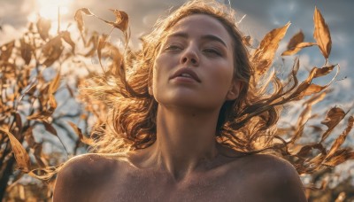 1girl,solo,long hair,brown hair,bare shoulders,brown eyes,collarbone,upper body,nude,outdoors,parted lips,sky,teeth,day,artist name,dark skin,mole,blurry,dark-skinned female,tree,lips,depth of field,blurry background,leaf,looking up,portrait,mole under mouth,freckles,curly hair,realistic,flag,mole on cheek,looking at viewer,blonde hair,green eyes,cloud,floating hair,watermark,from below,sunlight,thick eyebrows,cloudy sky,mole on neck,mole on body