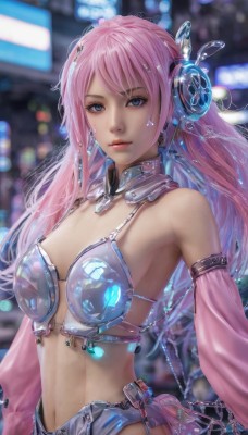 1girl,solo,long hair,breasts,looking at viewer,blue eyes,hair ornament,navel,cleavage,jewelry,medium breasts,upper body,pink hair,parted lips,detached sleeves,midriff,armor,blurry,lips,see-through,blurry background,headphones,realistic,bikini armor,bare shoulders,swimsuit,bikini,shorts,bikini top only