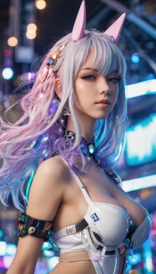 1girl,solo,long hair,breasts,looking at viewer,bangs,blue eyes,large breasts,hair ornament,animal ears,cleavage,bare shoulders,jewelry,medium breasts,closed mouth,upper body,pink hair,white hair,grey hair,multicolored hair,blurry,two-tone hair,lips,gradient hair,makeup,blurry background,fake animal ears,armlet,white bra,realistic,nose,blue hair,earrings,parted lips,horns,artist name,from side,crop top,grey eyes,eyelashes,depth of field,armband,science fiction,bustier