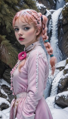 1girl,solo,long hair,looking at viewer,blue eyes,blonde hair,hair ornament,long sleeves,dress,bow,jewelry,standing,pink hair,braid,earrings,outdoors,frills,parted lips,belt,artist name,bowtie,blurry,from side,tree,lips,coat,eyelashes,single braid,makeup,lipstick,pink bow,nature,snow,eyeshadow,freckles,braided ponytail,snowing,realistic,nose,hands in pockets,winter clothes,red lips,stud earrings,winter,mascara,multiple braids,breasts,blush,bangs,ribbon,upper body,flower,hair bow,multicolored hair,hairband,teeth,necklace,twin braids,looking to the side,buttons,blue bow,piercing,hair bobbles,blue ribbon,ear piercing,beads,high collar,rock,hair tie,pearl necklace,multi-tied hair,pink coat