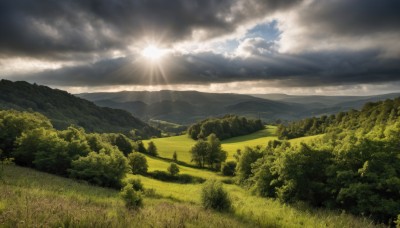 outdoors,sky,day,cloud,tree,no humans,sunlight,cloudy sky,grass,nature,scenery,forest,light rays,mountain,sun,road,field,sunbeam,landscape,hill,signature,blue sky,bush,mountainous horizon