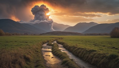 outdoors,sky,cloud,water,tree,no humans,sunlight,cloudy sky,grass,nature,scenery,forest,reflection,sunset,rock,mountain,sun,river,landscape,fire,smoke,road,explosion