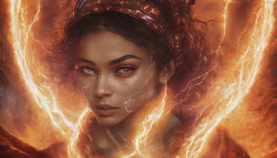 1girl,solo,looking at viewer,short hair,brown hair,black hair,brown eyes,hairband,parted lips,artist name,dark skin,dark-skinned female,lips,watermark,fire,portrait,realistic,nose,electricity,lightning,floating hair,glowing,freckles,orange theme