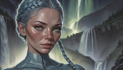 1girl,solo,long hair,looking at viewer,green eyes,blue hair,braid,outdoors,parted lips,artist name,water,blurry,twin braids,lips,eyelashes,night,portrait,star (sky),freckles,realistic,nose,waterfall,aurora,scar