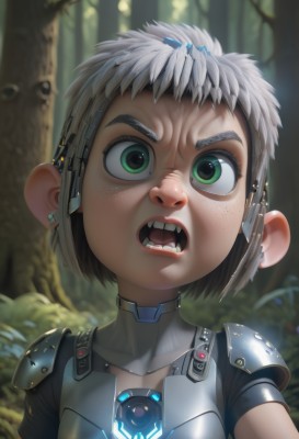 1girl,solo,looking at viewer,short hair,open mouth,jewelry,green eyes,upper body,white hair,grey hair,earrings,outdoors,teeth,armor,blurry,tree,bodysuit,blurry background,glowing,headgear,fangs,shoulder armor,child,portrait,nature,forest,freckles,science fiction,realistic,stud earrings,very short hair,cyborg,brown hair,lips,thick eyebrows,genderswap,close-up,genderswap (mtf),nose,shoulder pads