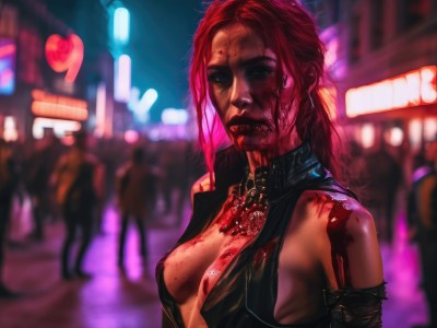 1girl,solo,long hair,breasts,looking at viewer,dress,cleavage,bare shoulders,jewelry,medium breasts,upper body,pink hair,heart,red hair,small breasts,solo focus,necklace,mole,blurry,black dress,lips,no bra,blood,makeup,blurry background,blood on face,realistic,nose,center opening,blood on clothes,crowd,open clothes,torn clothes,injury,neon lights