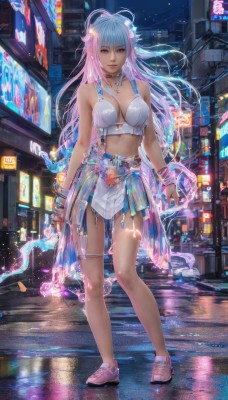 1girl,solo,long hair,breasts,looking at viewer,bangs,blue eyes,skirt,large breasts,hair ornament,navel,holding,cleavage,bare shoulders,jewelry,medium breasts,underwear,blue hair,standing,swimsuit,full body,weapon,pink hair,flower,bikini,multicolored hair,earrings,outdoors,parted lips,shoes,choker,midriff,sword,hair flower,necklace,holding weapon,bra,bracelet,lips,see-through,thigh strap,night,holding sword,building,bikini top only,reflection,dual wielding,city,realistic,pink footwear,street,white hair,gradient hair,ground vehicle,sneakers,motor vehicle,science fiction,car,road,cyberpunk,neon lights