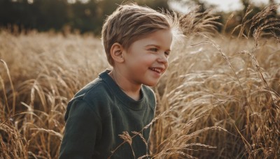 solo,smile,short hair,open mouth,blue eyes,blonde hair,brown hair,shirt,1boy,upper body,male focus,outdoors,teeth,signature,blurry,depth of field,blurry background,grass,sharp teeth,child,realistic,green shirt,male child,blue shirt,field,wheat