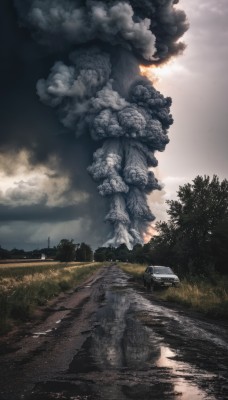 outdoors,sky,day,cloud,signature,water,tree,no humans,cloudy sky,grass,ground vehicle,building,nature,scenery,motor vehicle,smoke,reflection,car,road,river,statue,puddle