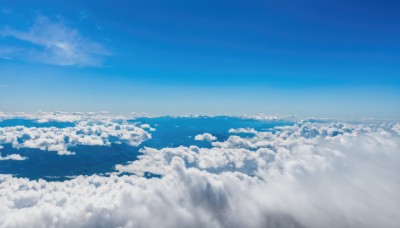 monochrome,outdoors,sky,day,cloud,blue sky,no humans,ocean,cloudy sky,scenery,blue theme,horizon,landscape,above clouds,water