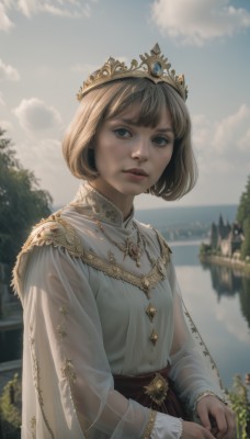 1girl,solo,looking at viewer,short hair,bangs,blue eyes,blonde hair,brown hair,shirt,long sleeves,dress,jewelry,white shirt,upper body,outdoors,parted lips,sky,day,cloud,necklace,cape,blurry,tree,lips,see-through,blurry background,bob cut,tiara,crown,gem,scenery,realistic,water,white dress