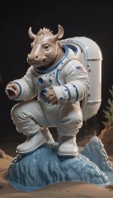 solo,1boy,animal ears,full body,male focus,horns,shoes,water,bag,no humans,squatting,white footwear,backpack,furry,1other,rock,realistic,furry male,spacesuit,space helmet,astronaut,gloves,space,planet,american flag