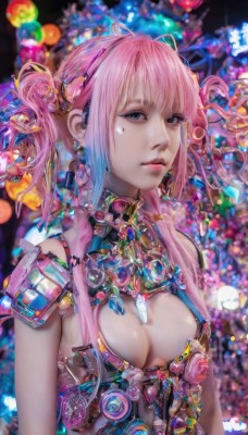 1girl,solo,long hair,breasts,looking at viewer,bangs,blue eyes,hair ornament,cleavage,twintails,jewelry,medium breasts,closed mouth,blue hair,upper body,pink hair,multicolored hair,earrings,blurry,lips,makeup,blurry background,science fiction,realistic,nose,heart,sidelocks,hairband,artist name,armor,gradient hair,facial mark,expressionless,gem,colorful,cyberpunk