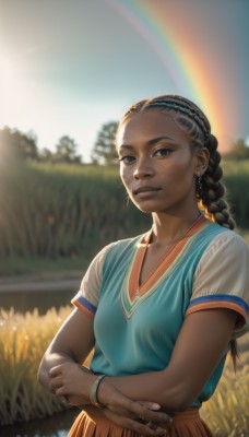 1girl,solo,long hair,breasts,looking at viewer,smile,skirt,shirt,black hair,brown eyes,jewelry,standing,white shirt,upper body,braid,short sleeves,hairband,earrings,small breasts,outdoors,parted lips,sky,day,artist name,dark skin,necklace,blurry,black eyes,vest,bracelet,dark-skinned female,tree,lips,single braid,depth of field,blurry background,watermark,crossed arms,sunlight,ring,grass,blue shirt,forehead,freckles,realistic,nose,rainbow,very dark skin,traditional clothes,dress,closed mouth,collarbone,teeth,signature,blue sky,fingernails,blue dress,thick eyebrows,web address,backlighting,field,orange skirt,dreadlocks