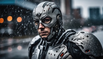 solo,1boy,upper body,male focus,signature,armor,blurry,blurry background,helmet,snow,science fiction,snowing,realistic,manly,power armor,looking at viewer,lips,depth of field,facial hair,goggles,portrait,serious,cyborg,cyberpunk