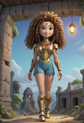 1girl,solo,long hair,looking at viewer,smile,brown hair,brown eyes,jewelry,closed mouth,standing,full body,earrings,boots,outdoors,sky,shorts,day,artist name,cloud,signature,dark skin,armor,dark-skinned female,tree,blue sky,lips,short shorts,makeup,watermark,facial mark,knee boots,plant,shoulder armor,gem,web address,walking,blue shorts,curly hair,pauldrons,breastplate,forehead mark,fantasy,arms at sides,vambraces,armored boots,bracer,greaves,ruins,big hair,forehead jewel,pillar,gold armor,leaf,rock