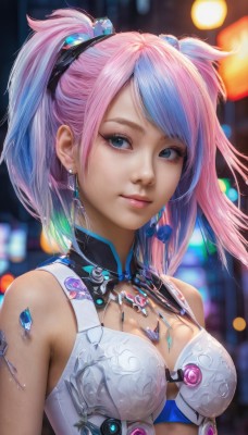 1girl,solo,long hair,breasts,looking at viewer,smile,bangs,blue eyes,hair ornament,cleavage,bare shoulders,twintails,jewelry,medium breasts,closed mouth,blue hair,upper body,pink hair,multicolored hair,earrings,necklace,blurry,two-tone hair,lips,clothing cutout,eyelashes,makeup,blurry background,swept bangs,cleavage cutout,gem,pink lips,realistic,nose,mascara,short hair,small breasts,armor,two side up,watermark