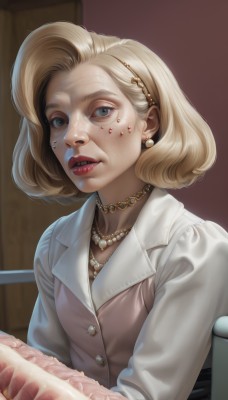 1girl,solo,looking at viewer,short hair,blue eyes,blonde hair,shirt,long sleeves,jewelry,sitting,white shirt,upper body,hairband,earrings,parted lips,food,teeth,indoors,necklace,vest,lips,grey eyes,makeup,chair,lipstick,freckles,realistic,nose,red lips,meat,pearl necklace,horror (theme),hair ornament,jacket,heart,choker