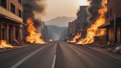 outdoors,sky,day,cloud,no humans,fire,ground vehicle,building,scenery,motor vehicle,smoke,city,car,road,explosion,power lines,street,utility pole,burning,destruction,truck,crosswalk