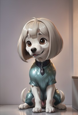 1girl,solo,smile,short hair,open mouth,bangs,shirt,animal ears,brown eyes,tail,full body,short sleeves,tongue,shiny,pants,artist name,indoors,signature,blunt bangs,shiny hair,collar,shiny skin,animal,happy,bob cut,blue shirt,furry,zipper,reflection,shiny clothes,dog,green shirt,furry female,animal focus,animal collar,two-tone fur,clothed animal,reflective floor,sitting,standing,teeth,dog ears,dog tail,dog girl,body fur